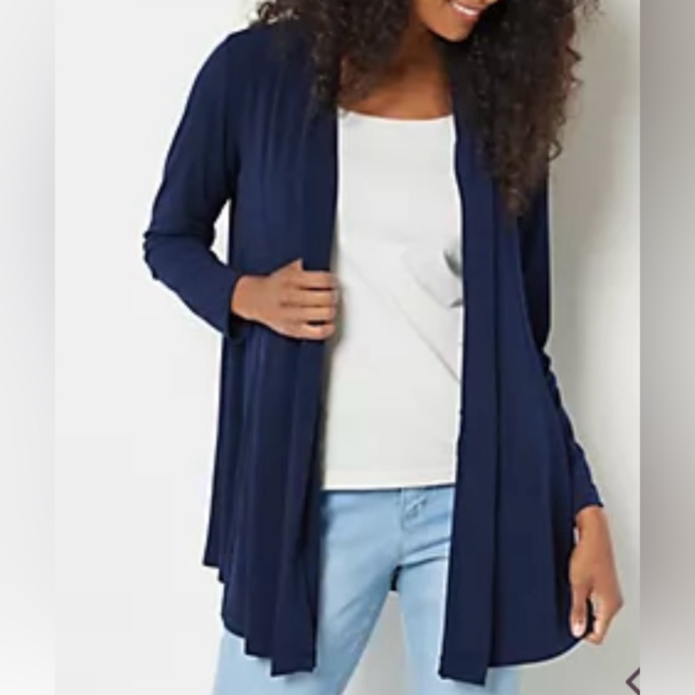 Susan Graver Navy Open Front Liquid Knit Long Sleeve Cardigan XLP